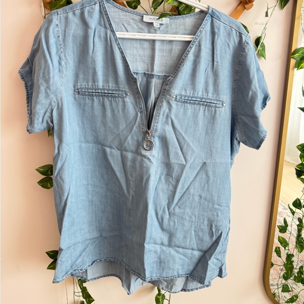 Denim Blue Zipper Blouse